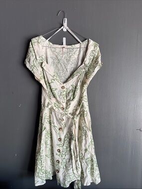 Free People Light Cream & Green Floral Button-Front Wrap Dress